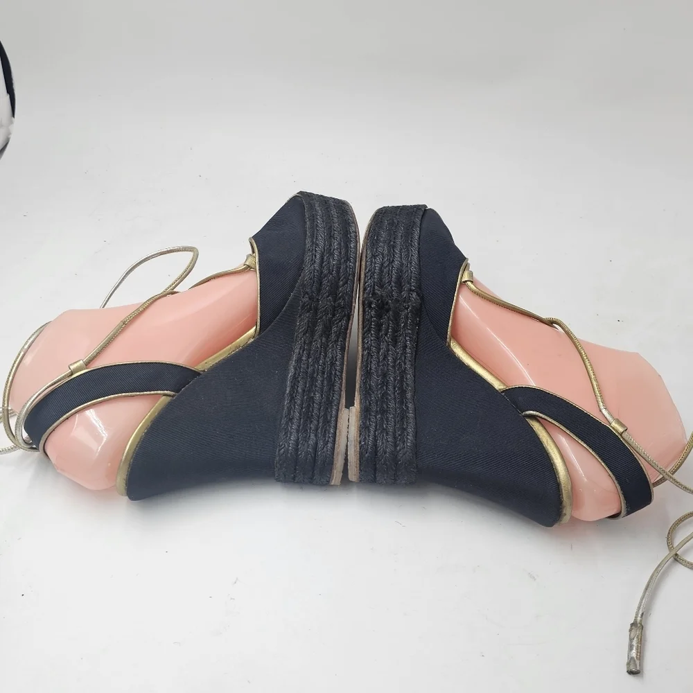 Ralph Lauren Collection Navy Gold Canvas Espadrille Wedge Lace Up